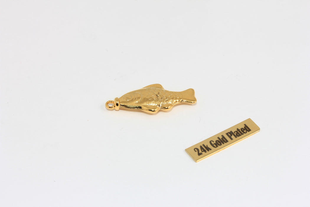 24k Gold Plated Fish Pendant, Gold Fish Charm for Jewelry Making, Decorative Animal Pendant, DIY Jewelry Supply , Zrcn948