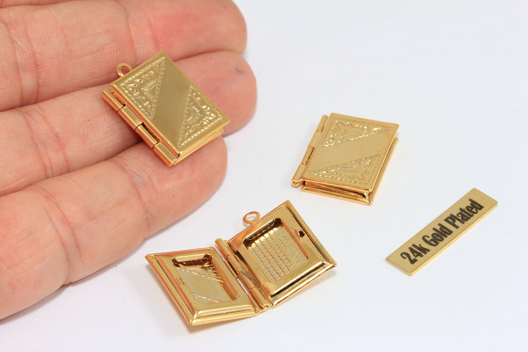 24k Shiny Gold Plated Book Locket Pendant, Hinged Mini Book Charm, Opening Book Necklace Component, Vintage Style Jewelry Supply , Zrcn955