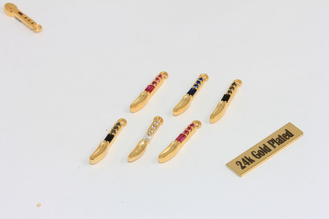 24k Shiny Gold Plated Knife Charm, CZ Pave Dagger Pendant, Colorful Rhinestone Jewelry Charm, DIY Jewelry Supply , Zrcn985