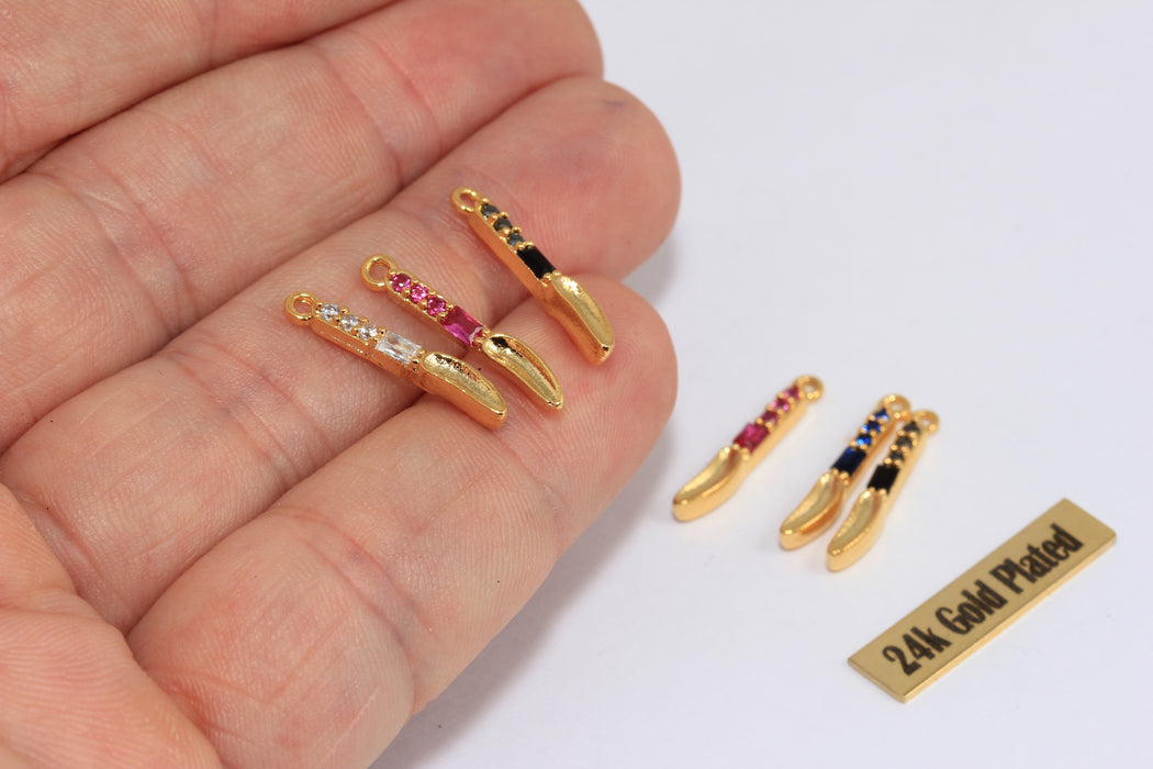 24k Shiny Gold Plated Knife Charm, CZ Pave Dagger Pendant, Colorful Rhinestone Jewelry Charm, DIY Jewelry Supply , Zrcn985
