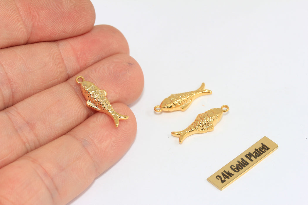 24k Gold Plated Fish Pendant, Gold Fish Charm for Jewelry Making, Decorative Animal Pendant, DIY Jewelry Supply , Zrcn989