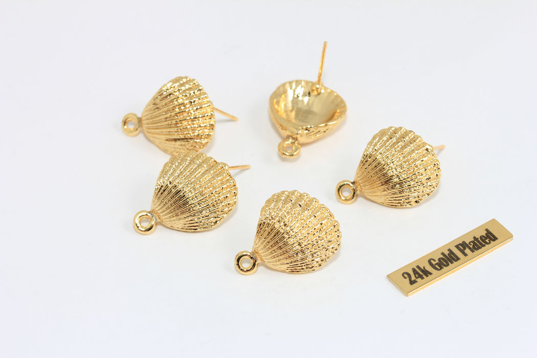 24k Gold Plated Seashell Charm, Textured Shell Pendant, Ocean Jewelry Making Supply, 15mm Gold Shell Earring Charm , Zrcn914