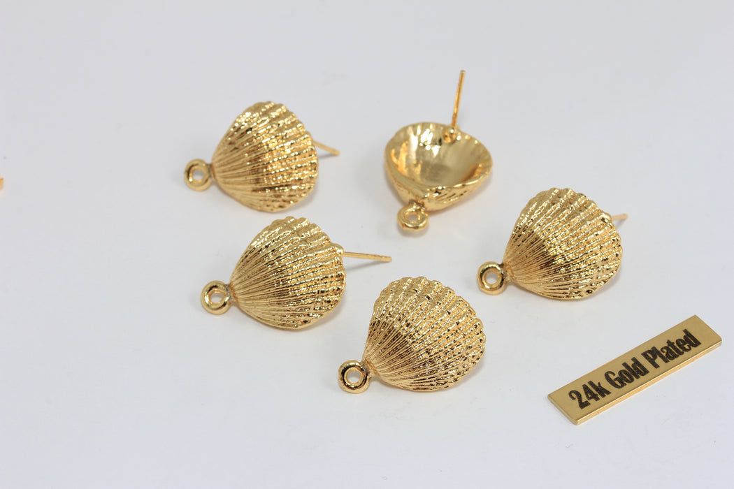 24k Gold Plated Seashell Charm, Textured Shell Pendant, Ocean Jewelry Making Supply, 15mm Gold Shell Earring Charm , Zrcn914