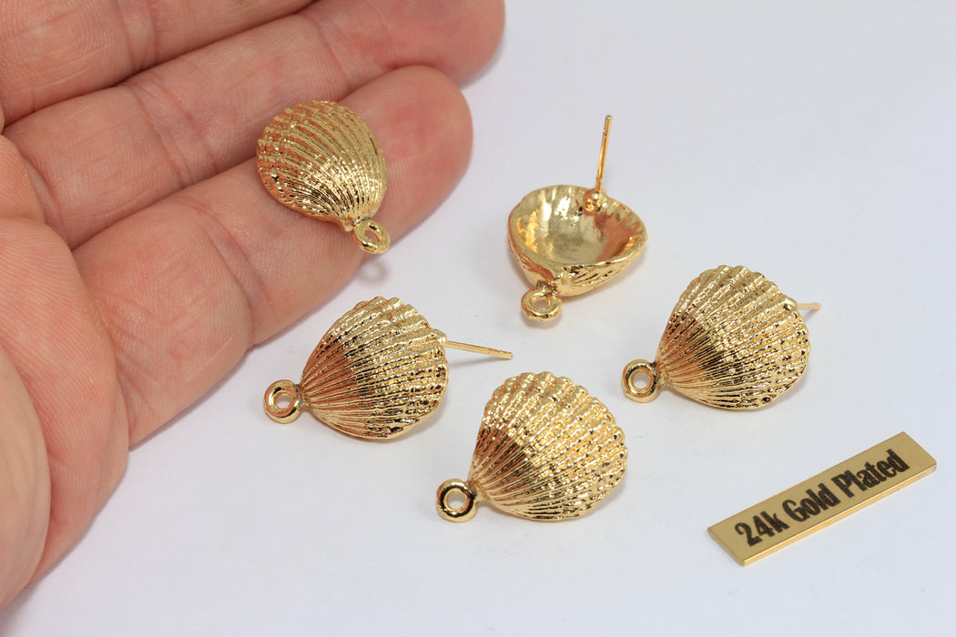 24k Gold Plated Seashell Charm, Textured Shell Pendant, Ocean Jewelry Making Supply, 15mm Gold Shell Earring Charm , Zrcn914