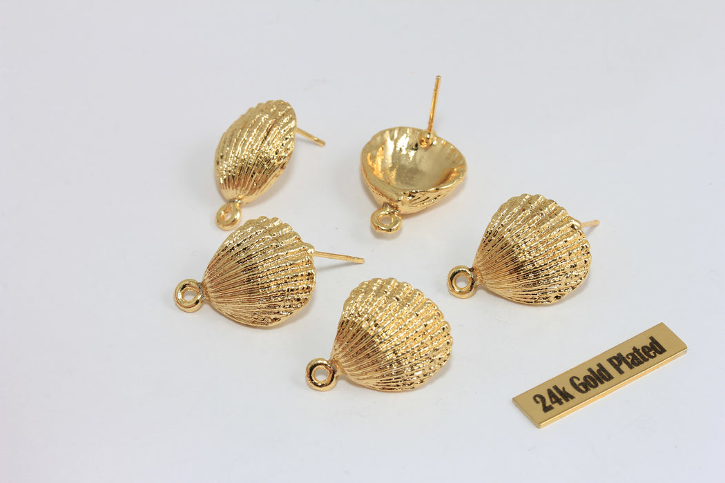 24k Gold Plated Seashell Charm, Textured Shell Pendant, Ocean Jewelry Making Supply, 15mm Gold Shell Earring Charm , Zrcn914