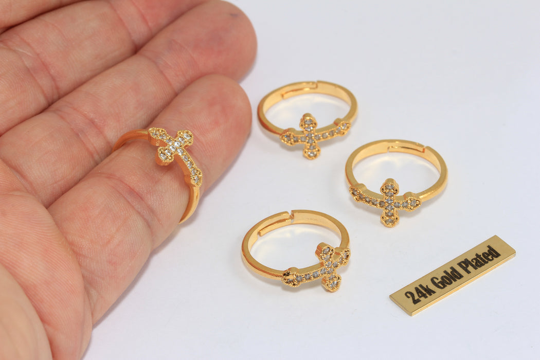 24k Gold Plated CZ Cross Ring, Pave Cross Ring, Dainty Religious Ring, Gold Cross Jewelry , Zrcn933