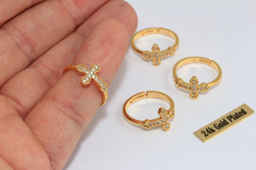 24k Gold Plated CZ Cross Ring, Pave Cross Ring, Dainty Religious Ring, Gold Cross Jewelry , Zrcn933
