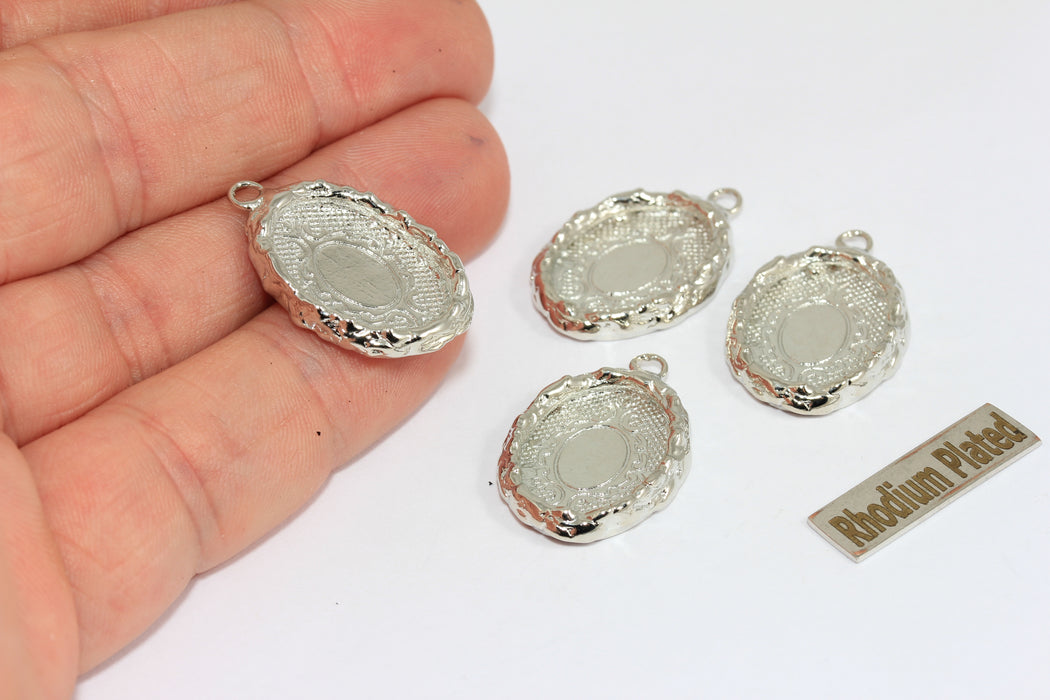 Rhodium Plated Bezel Frame, Inner 13x18mm Oval Brass Bezel Setting, Silver Tone Pendant Blank, Jewelry Making Supply , Zrcn934-1