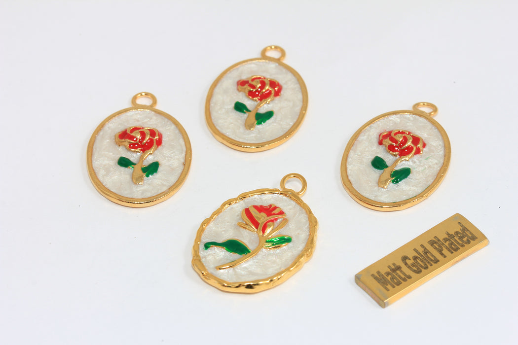 24k Shiny Gold Enamel Rose Pendant, Red Rose Charm, White Pearl Effect Oval Pendant, Floral Jewelry Making Supply , Zrcn935-1