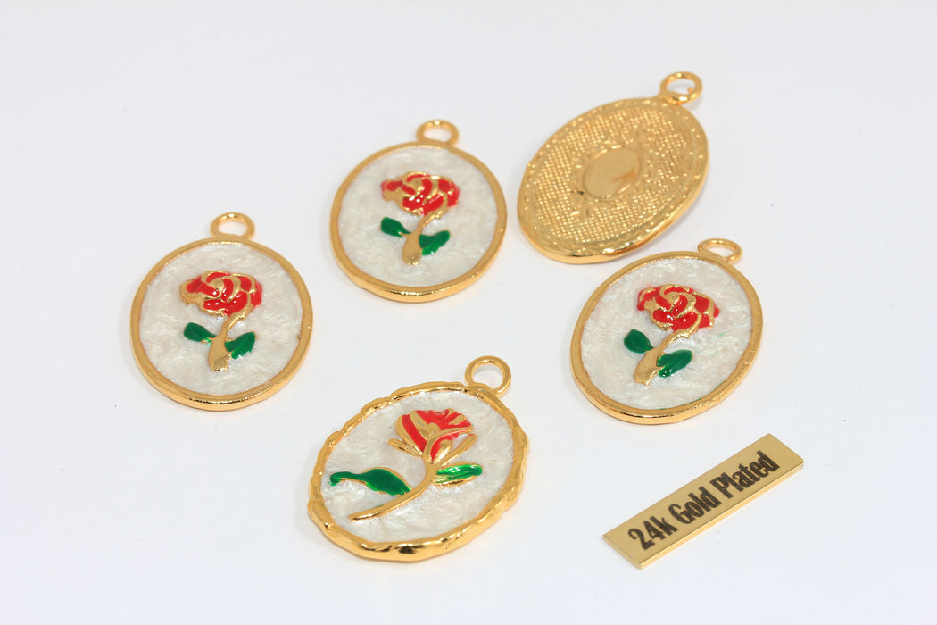 24k Shiny Gold Enamel Rose Pendant, Red Rose Charm, White Pearl Effect Oval Pendant, Floral Jewelry Making Supply , Zrcn935-1