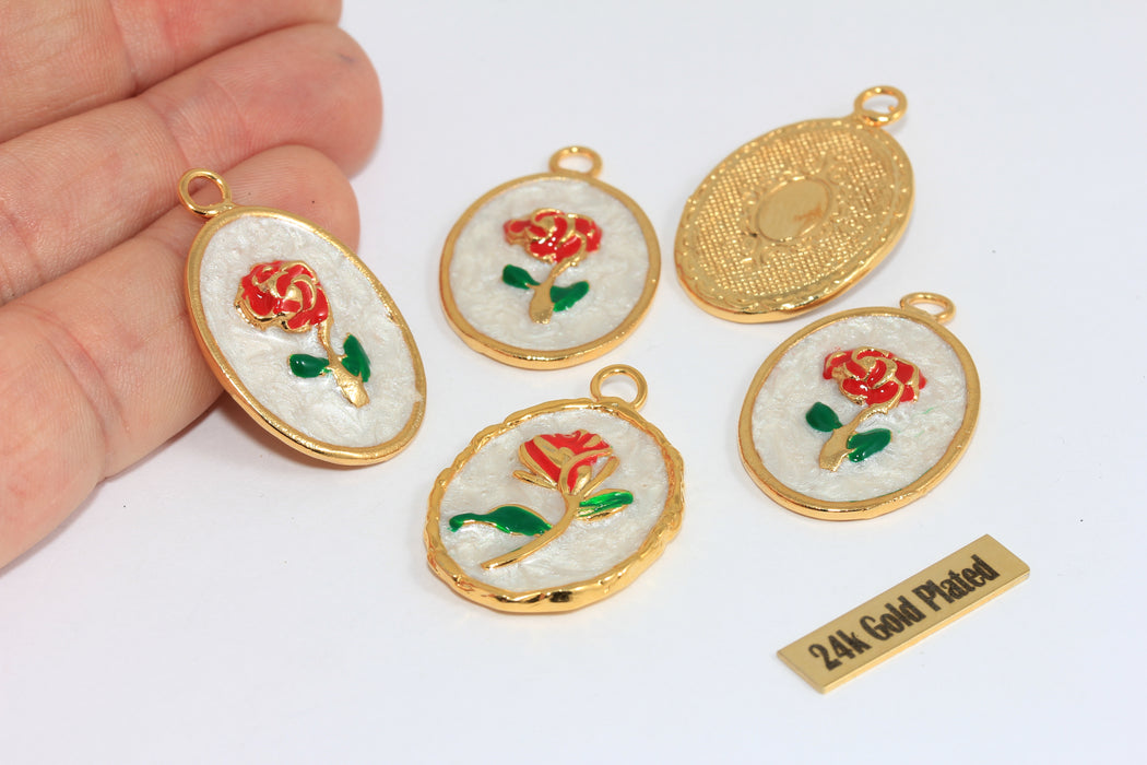 24k Shiny Gold Enamel Rose Pendant, Red Rose Charm, White Pearl Effect Oval Pendant, Floral Jewelry Making Supply , Zrcn935-1