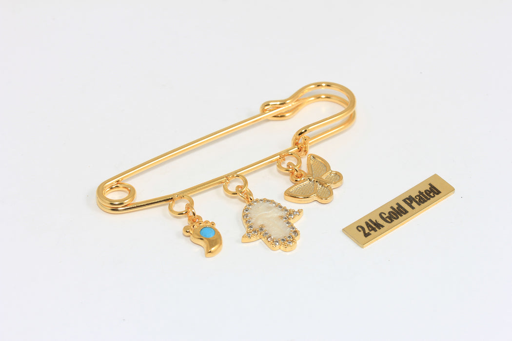 24k Shiny Gold Plated Decorative Safety Pin, Butterfly and Hamsa Hand Charms, Evil Eye Charm, Gold Brooch Pin , Zrcn935-2