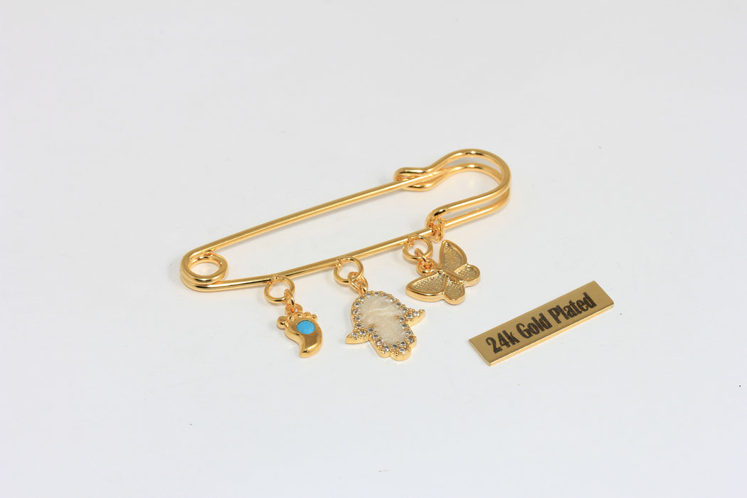 24k Shiny Gold Plated Decorative Safety Pin, Butterfly and Hamsa Hand Charms, Evil Eye Charm, Gold Brooch Pin , Zrcn935-2
