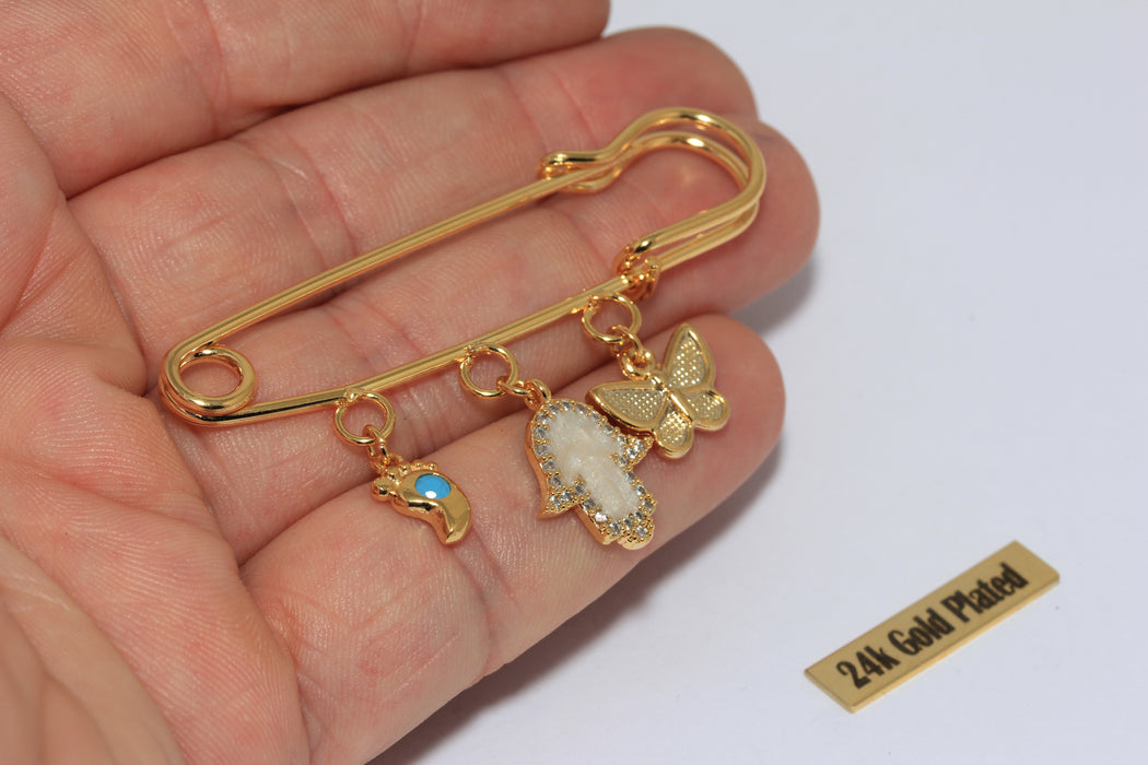 24k Shiny Gold Plated Decorative Safety Pin, Butterfly and Hamsa Hand Charms, Evil Eye Charm, Gold Brooch Pin , Zrcn935-2