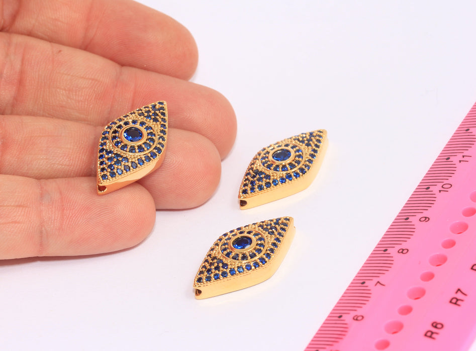 14x27mm 24 Ayar Parlak Altın Kübik Zirkonya Nazar Boncuğu, Mikro Taşlı Göz Tılsımı, MTE1108