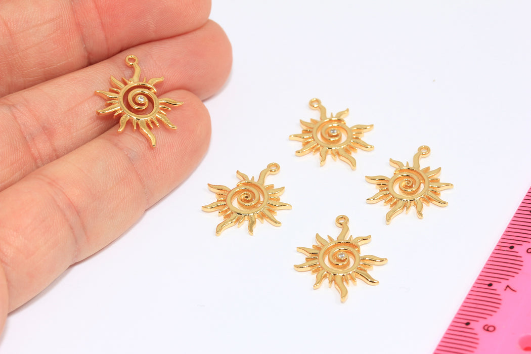 24k Shiny Gold CZ Sun Medallion, Micro Pave White Stone Sunburst Charms, MGN85