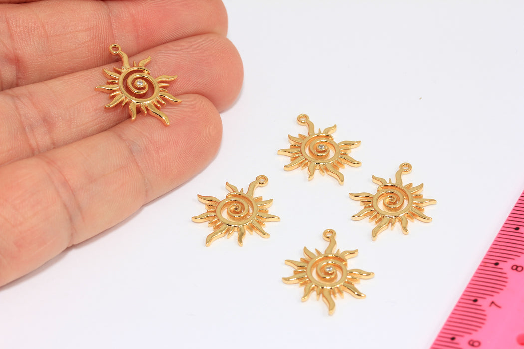 24k Shiny Gold CZ Sun Medallion, Micro Pave White Stone Sunburst Charms, MGN85