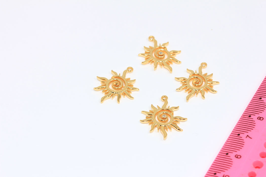 24k Shiny Gold CZ Sun Medallion, Micro Pave White Stone Sunburst Charms, MGN85