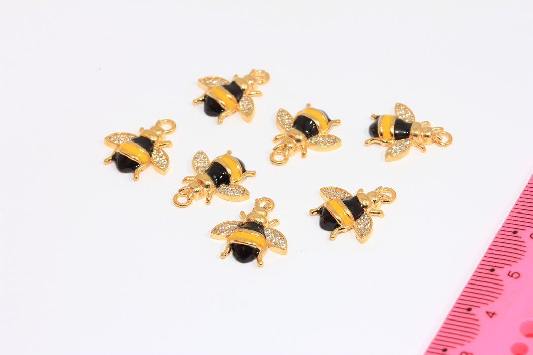 21x26mm 24k Shiny Gold CZ Bee Charm, Micro Pave White Stone Bee Pendant, Enamel Bee, MGN86