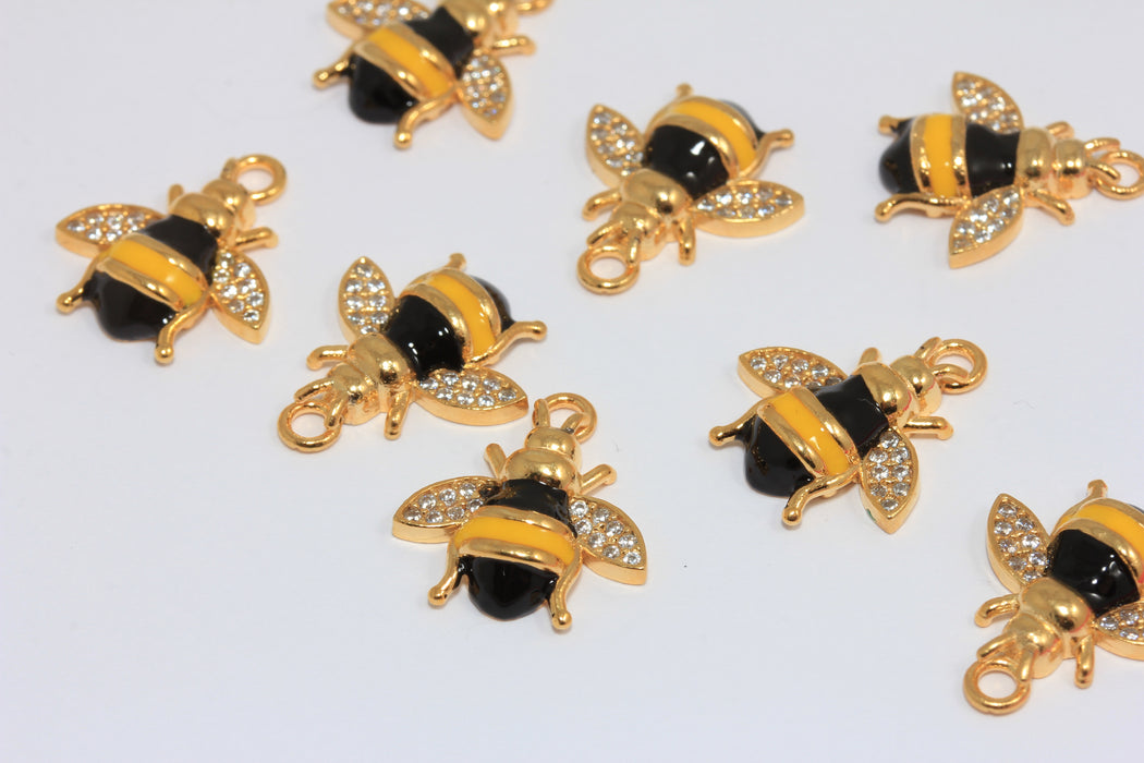 21x26mm 24k Shiny Gold CZ Bee Charm, Micro Pave White Stone Bee Pendant, Enamel Bee, MGN86