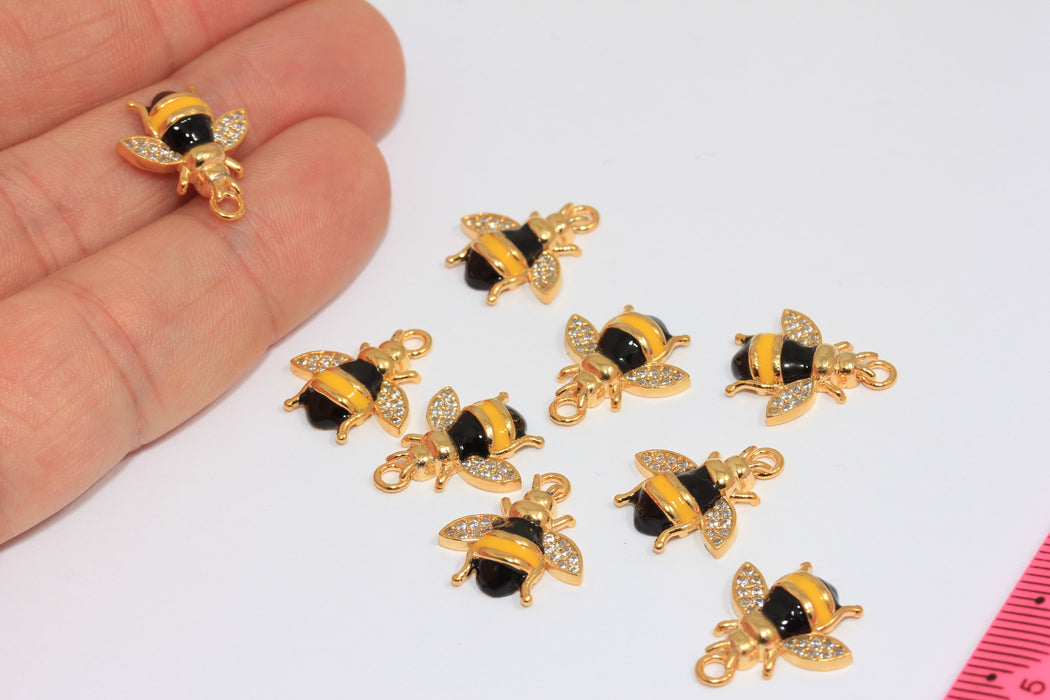 21x26mm 24k Shiny Gold CZ Bee Charm, Micro Pave White Stone Bee Pendant, Enamel Bee, MGN86