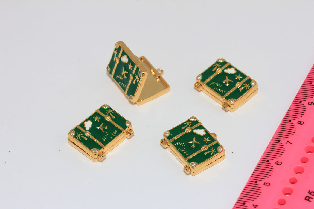 23mm 24k Shiny Gold CZ Suitcase Charm, Green Enamel Travel Bag, World Traveler Gift, MGN89-1