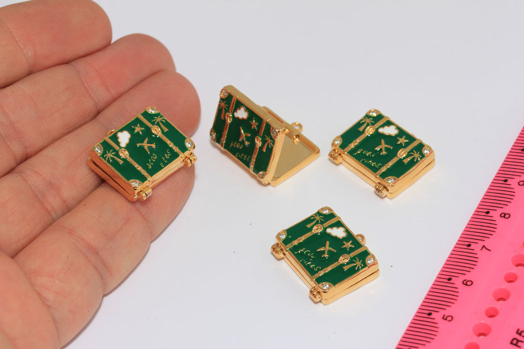 23mm 24k Shiny Gold CZ Suitcase Charm, Green Enamel Travel Bag, World Traveler Gift, MGN89-1