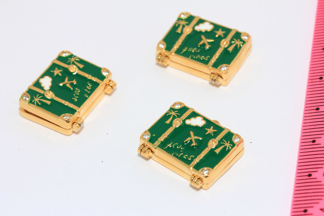 23mm 24k Shiny Gold CZ Suitcase Charm, Green Enamel Travel Bag, World Traveler Gift, MGN89-1