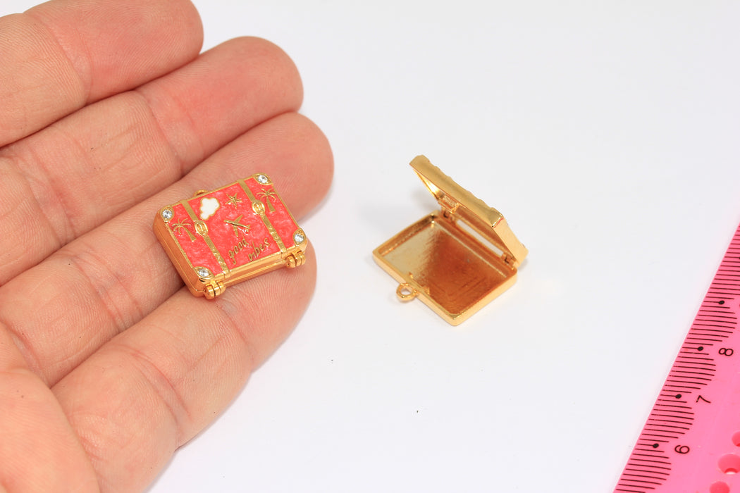 23mm 24k Shiny Gold CZ Suitcase Charm, Coral Enamel Travel Bag, World Traveler Gift, MGN89-2