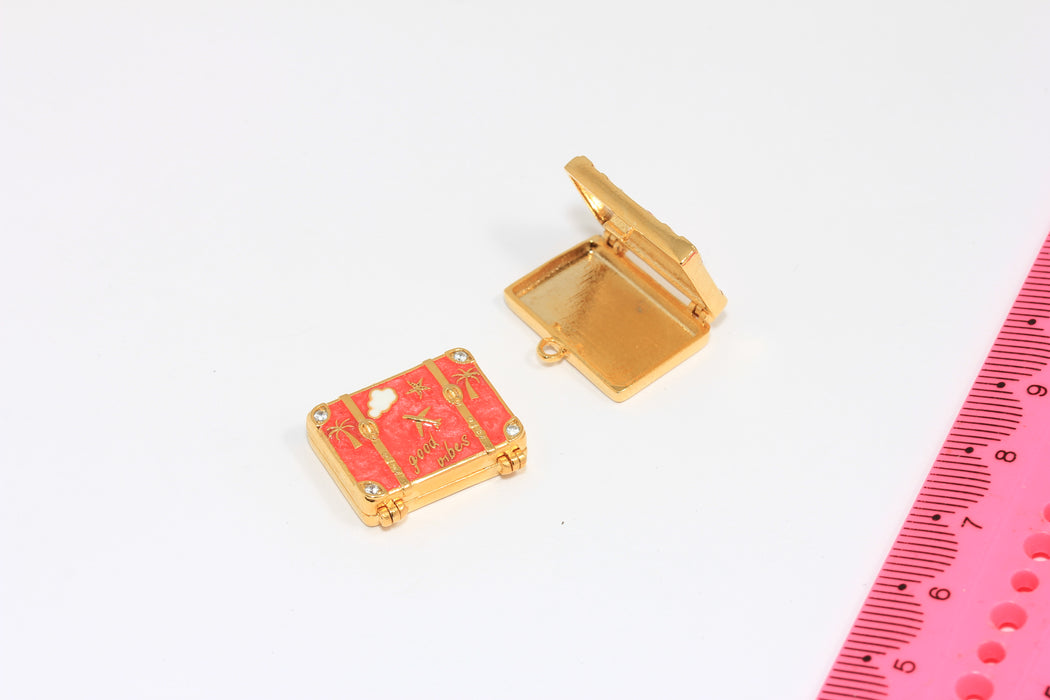 23mm 24k Shiny Gold CZ Suitcase Charm, Coral Enamel Travel Bag, World Traveler Gift, MGN89-2
