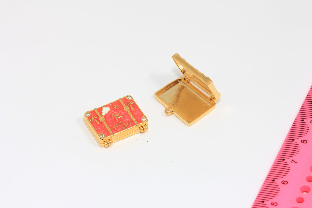 23mm 24k Shiny Gold CZ Suitcase Charm, Coral Enamel Travel Bag, World Traveler Gift, MGN89-2