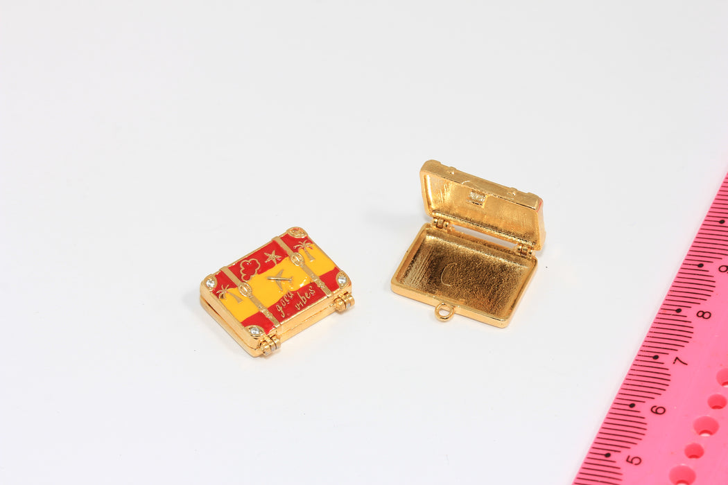 24k Shiny Gold CZ Suitcase Charm, Enamel Travel Bag Pendant, Spain Flag Necklace Pendant, MGN89-3