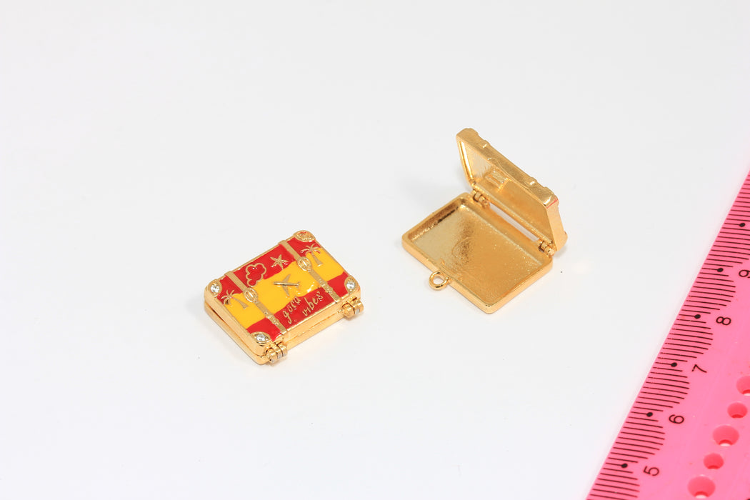 24k Shiny Gold CZ Suitcase Charm, Enamel Travel Bag Pendant, Spain Flag Necklace Pendant, MGN89-3
