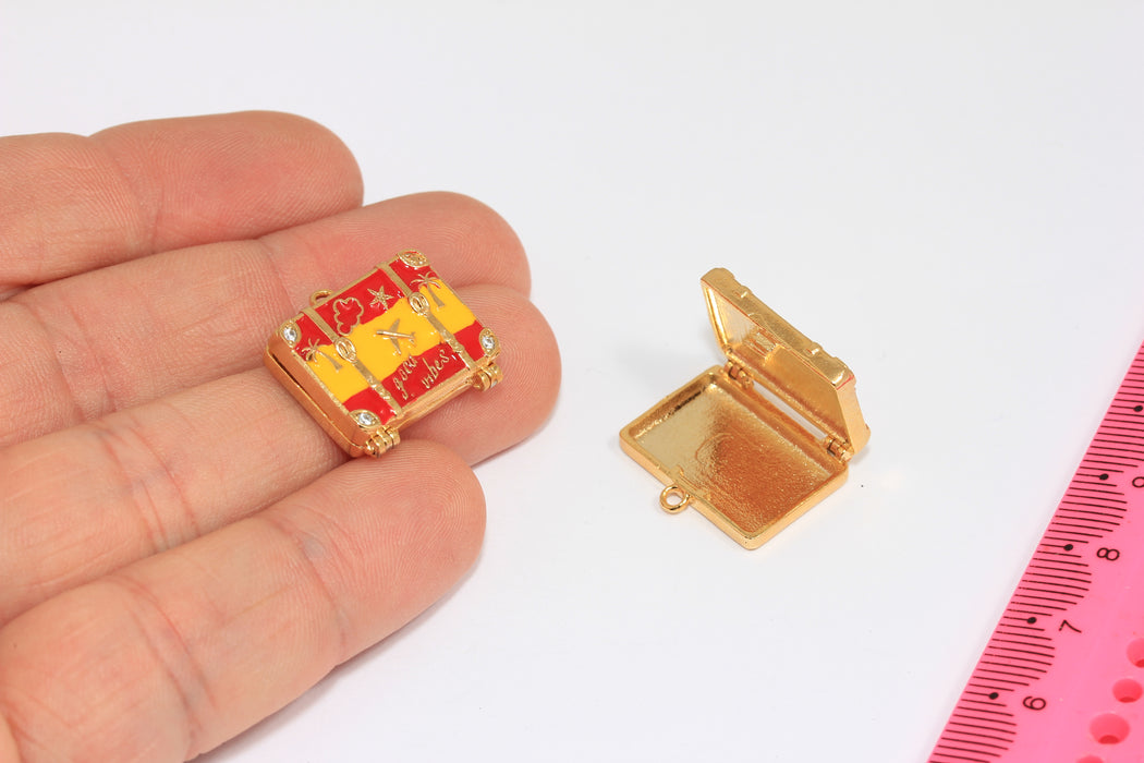 24k Shiny Gold CZ Suitcase Charm, Enamel Travel Bag Pendant, Spain Flag Necklace Pendant, MGN89-3
