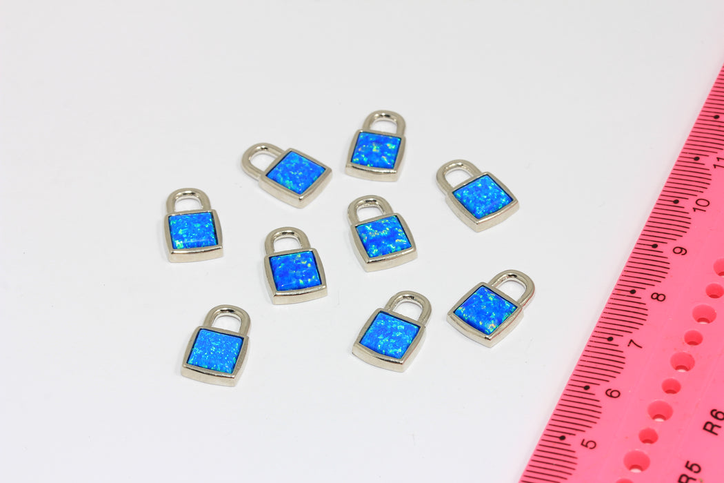 9.5x15mm Rhodium Plated Padlock Charms, Mini Lock Charm With Blue Opal Stone, MGN112