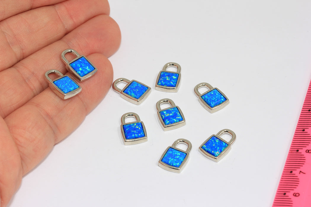 9.5x15mm Rhodium Plated Padlock Charms, Mini Lock Charm With Blue Opal Stone, MGN112