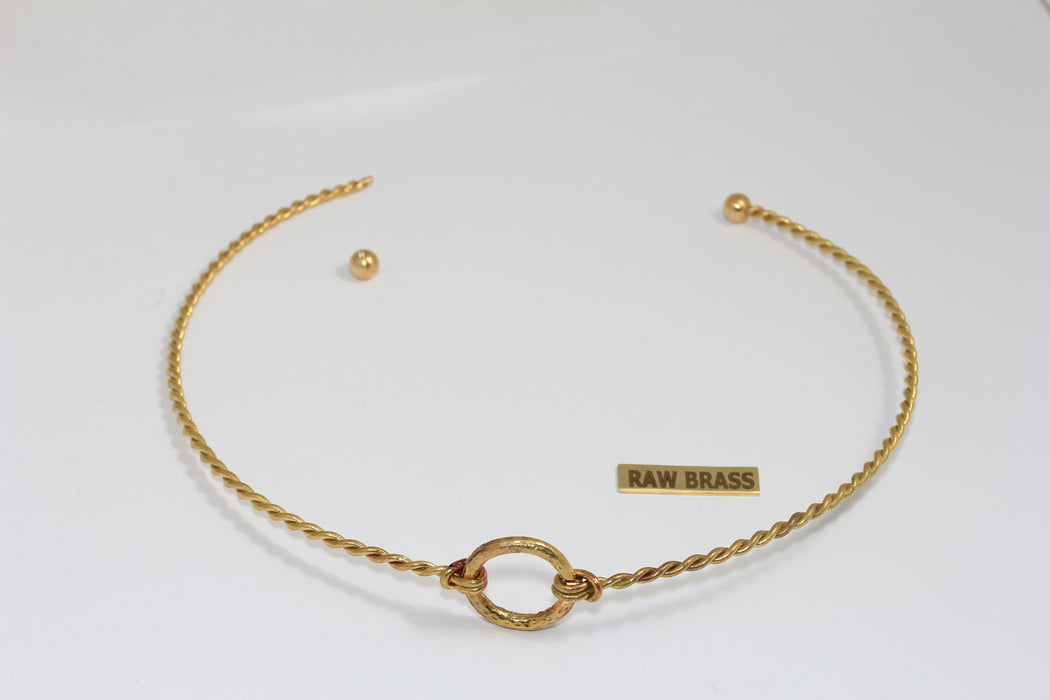 2,6mm Raw Brass Braided Wire Choker Necklace, Neck Cuff Necklace With Circle, Opening Screw Clasp, TVF45