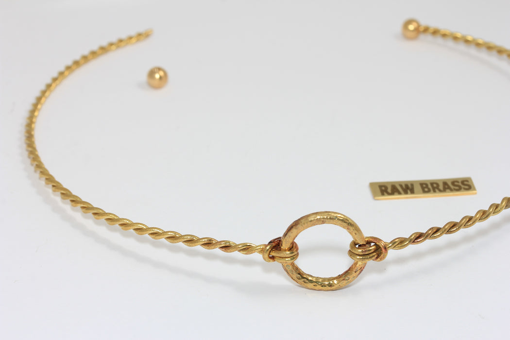 2,6mm Raw Brass Braided Wire Choker Necklace, Neck Cuff Necklace With Circle, Opening Screw Clasp, TVF45