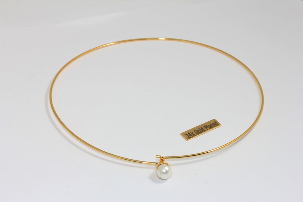 24k Shiny Gold Wire Choker Necklace With Pearl, Dainty Neck Cuff Necklace, TVF42