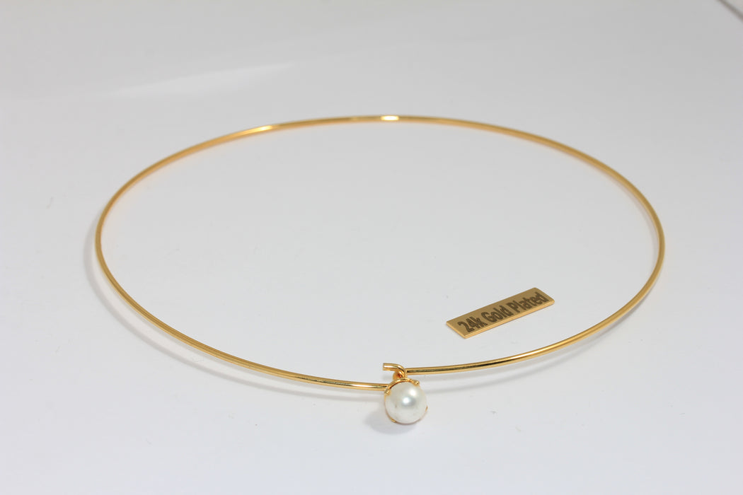 24k Shiny Gold Wire Choker Necklace With Pearl, Dainty Neck Cuff Necklace, TVF42