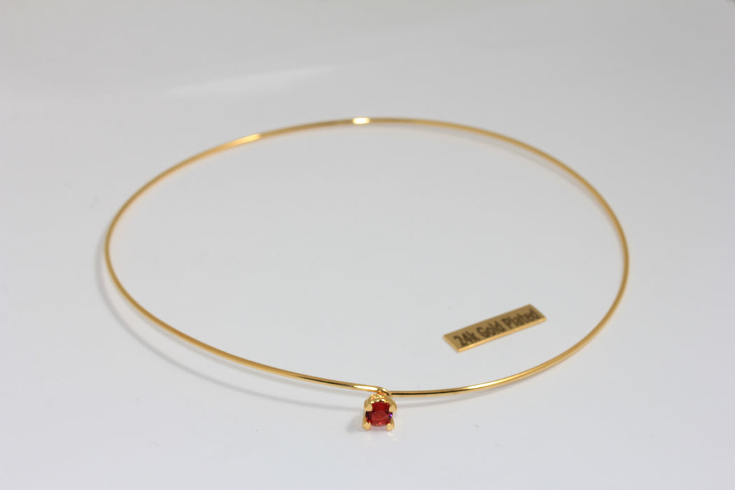 24k Shiny Gold Wire Choker Necklace With Red Stone, Dainty Neck Cuff Necklace, TVF43