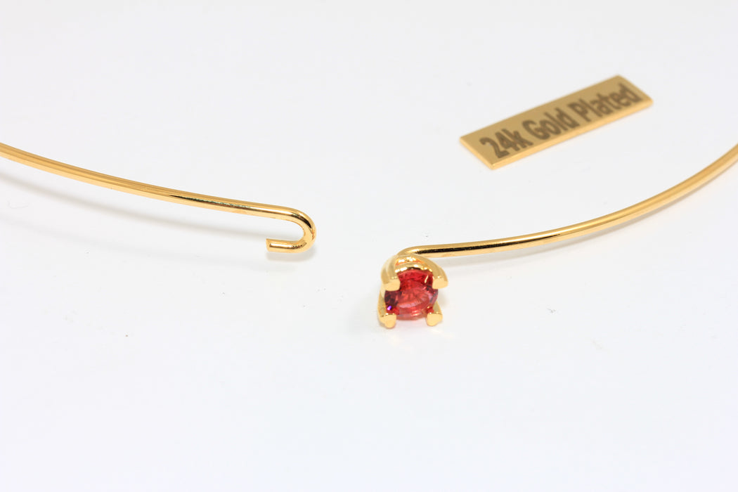 24k Shiny Gold Wire Choker Necklace With Red Stone, Dainty Neck Cuff Necklace, TVF43