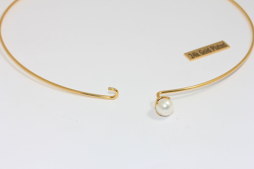 24k Shiny Gold Wire Choker Necklace With Pearl, Dainty Neck Cuff Necklace, TVF42