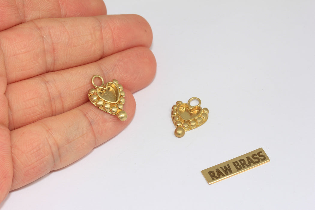 14x16mm Raw Brass Bezel Heart Charms, Heart Medallion, Cabochon Heart Charm Settings, MGN115