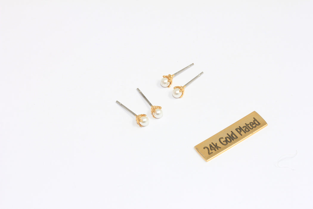 3mm 24k Shiny Gold Pearl Stud Earrings, Dainty Pearl Earrings, White Sea Pearl Studs, Freshwater Pearl, KDR154