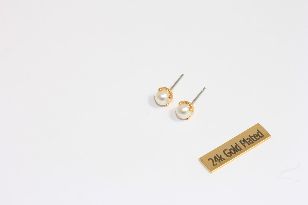 5mm 24k Shiny Gold Pearl Stud Earrings, Dainty Pearl Earrings, White Sea Pearl Studs, Freshwater Pearl, KDR168