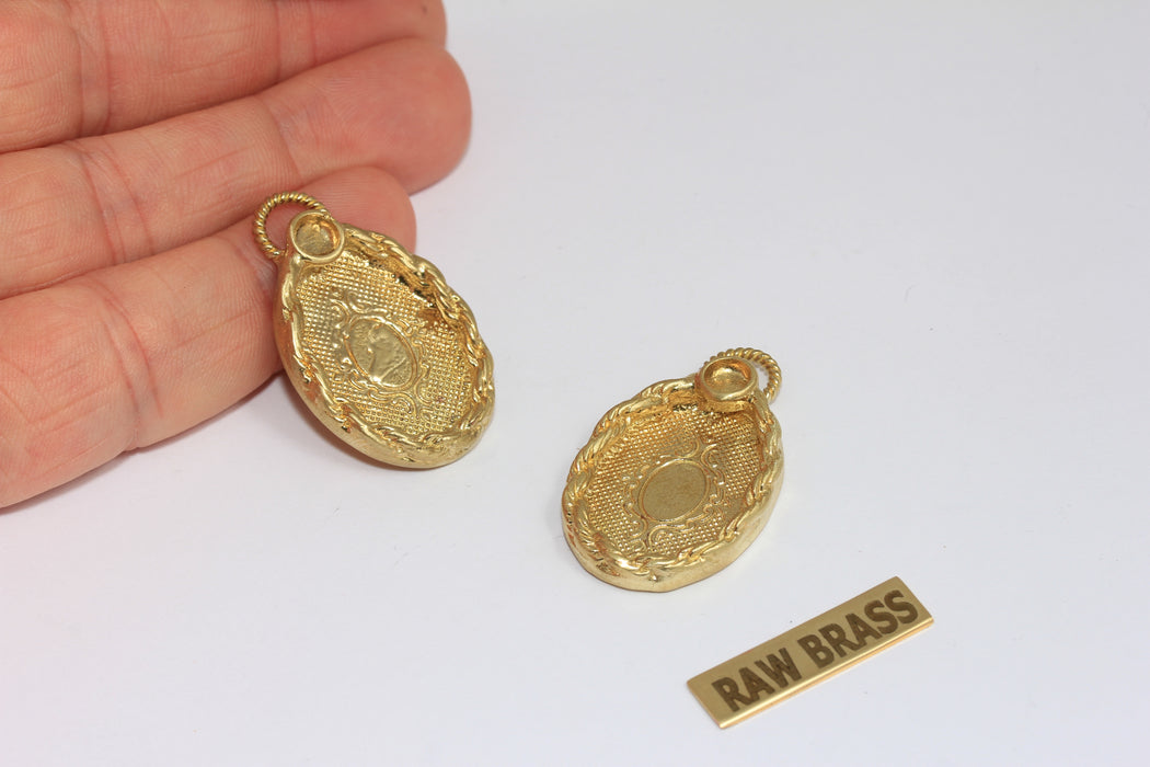 16x21mm Raw Brass Oval Cabochon Charms, Bezel Medallion Pendant, Frame Charms, MGN107