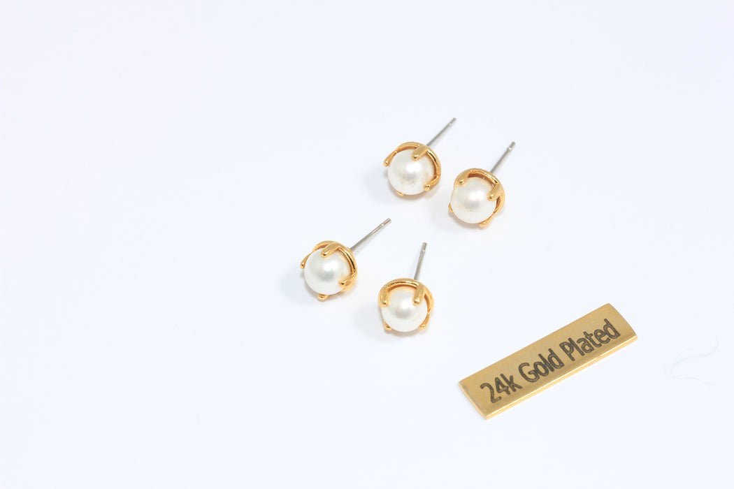 6mm 24k Shiny Gold Pearl Stud Earrings, Dainty Pearl Earrings, White Sea Pearl Studs, Freshwater Pearl, KDR64