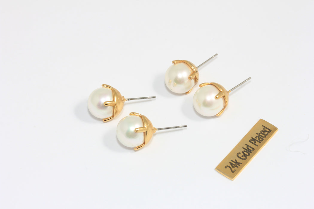10mm 24k Shiny Gold Pearl Stud Earrings, Dainty Pearl Earrings, White Sea Pearl Studs, Freshwater Pearl, KDR102