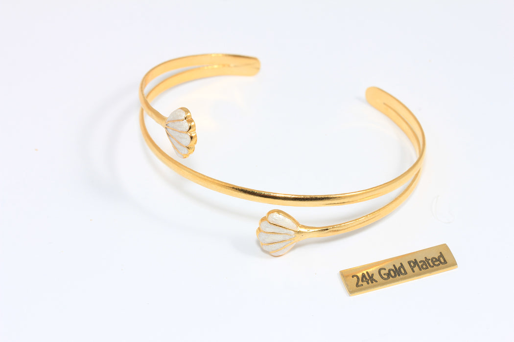 24k Shiny Gold Shell Bracelet Cuff, White Enamel Shell Bracelet, Triple Wire Bracelet, Double Bar Bangle, CHK588-6